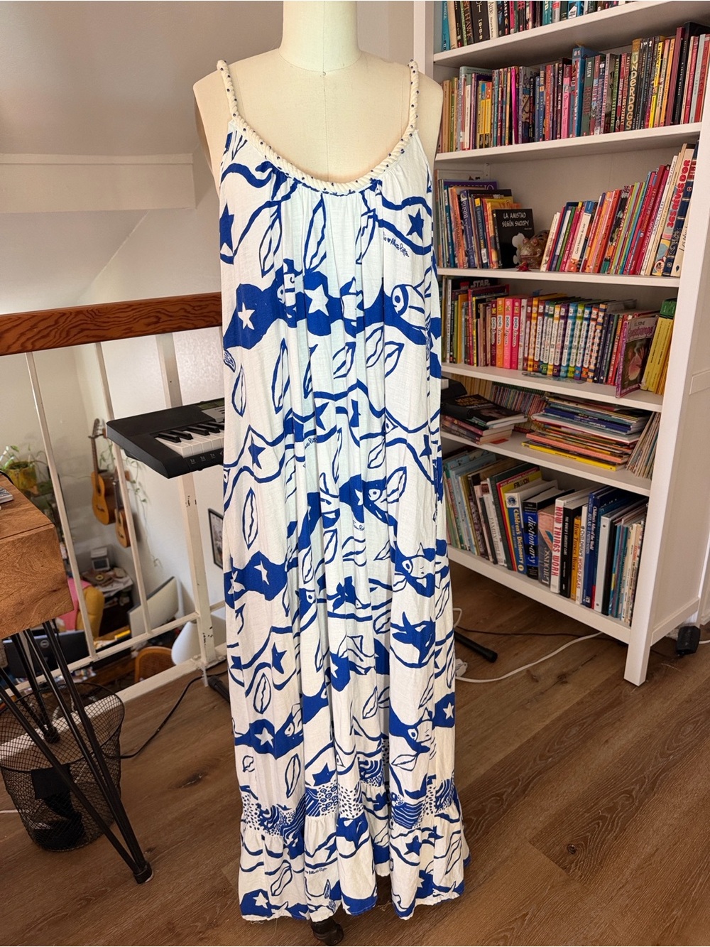 Farm Rio- White & Blue Printed Spaghetti-Strap Maxi Dress